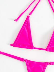 Swim SXY Rave Bikini Set Ring Linked Halter Triangle Micro Bra & G-String Bottom 2 Piece Bathing Suit,Summer Beach - Hot Pink - View 4