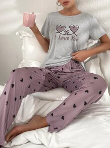 Heart & Letter Graphic Tee & Pants PJ Set / Pajama Set - Multicolor - View 1
