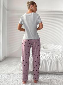 Heart & Letter Graphic Tee & Pants PJ Set / Pajama Set - Multicolor - View 2