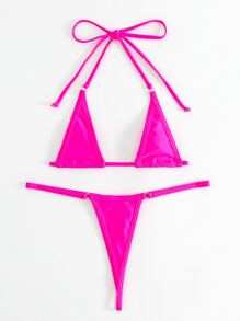 Swim SXY Rave Bikini Set Ring Linked Halter Triangle Micro Bra & G-String Bottom 2 Piece Bathing Suit,Summer Beach - Hot Pink - View 6