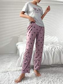Heart & Letter Graphic Tee & Pants PJ Set / Pajama Set - Multicolor - View 3