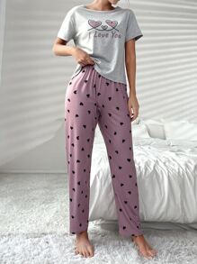 Heart & Letter Graphic Tee & Pants PJ Set / Pajama Set - Multicolor - View 4