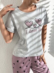 Heart & Letter Graphic Tee & Pants PJ Set / Pajama Set - Multicolor - View 5