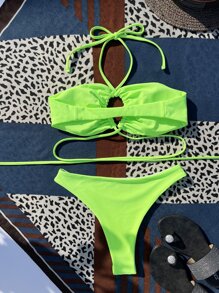 SHEIN Swim 夏季沙灘霓虹十字繫帶比基尼套裝泳衣 - 青檸色 - 查看 2