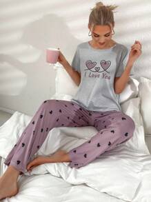 Heart & Letter Graphic Tee & Pants PJ Set / Pajama Set - Multicolor - View 6