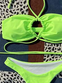 SHEIN Swim 夏季沙灘霓虹十字繫帶比基尼套裝泳衣 - 青檸色 - 查看 3