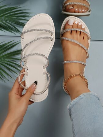 女士水鑽裝飾人造超細纖維皮革露跟魅力四射涼鞋