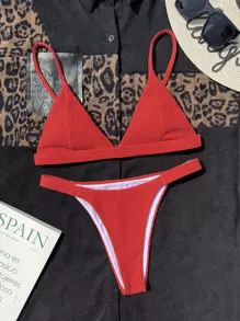 SHEIN Swim Summer Beach Solid Triangle Thong Bikini Set - Red - View 4