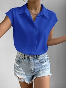 SHEIN Essnce Áo sơ mi nữ Nút phía trước màu trơn Giải trí - Xanh đậm - Xem 1