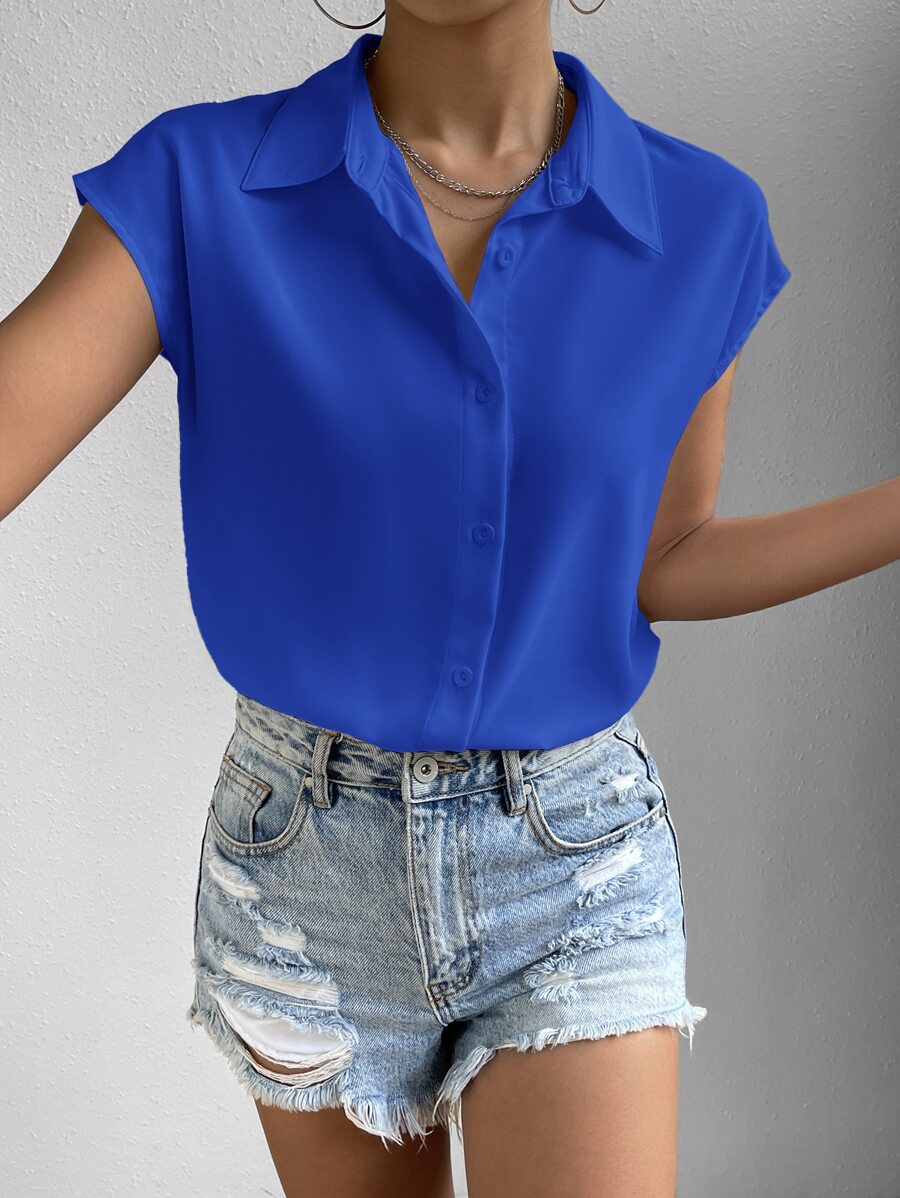 SHEIN Essnce Áo sơ mi nữ Nút phía trước màu trơn Giải trí - Xanh đậm - Xem 1