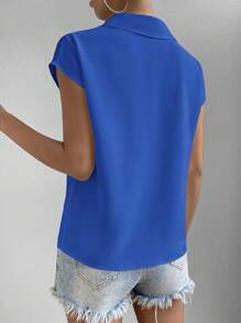 SHEIN Essnce Áo sơ mi nữ Nút phía trước màu trơn Giải trí - Xanh đậm - Xem 2