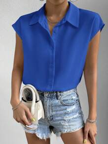 SHEIN Essnce Áo sơ mi nữ Nút phía trước màu trơn Giải trí - Xanh đậm - Xem 4