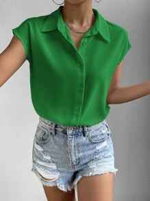 SHEIN Essnce Solid Batwing Sleeve Button Front Shirt - Green - View 1