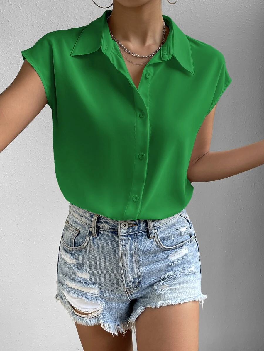 SHEIN Essnce Solid Batwing Sleeve Button Front Shirt - Green - View 1