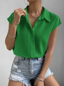 SHEIN Essnce Solid Batwing Sleeve Button Front Shirt - Green - View 3