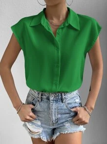 SHEIN Essnce Solid Batwing Sleeve Button Front Shirt - Green - View 5