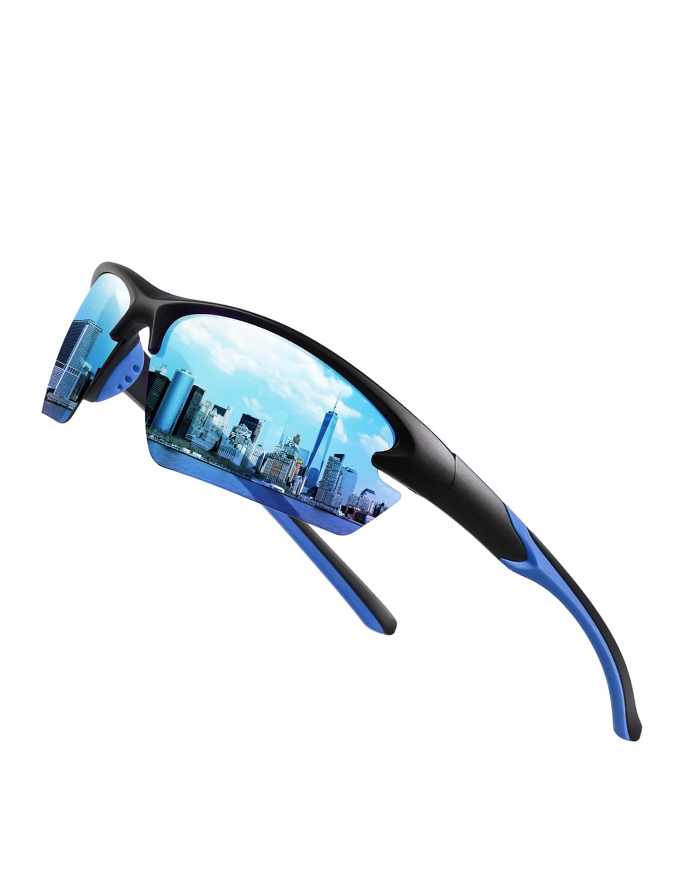 1 Cặp kính thể thao câu cá dành cho nam, thiết kế nửa gọng, đệm mũi silicon chống trượt, tròng kính có thể thay thế (đen, xanh dương, xanh băng, đỏ tráng phủ), thích hợp cho các hoạt động thể thao ngoài trời, lái xe, leo núi, du lịch (Bao gồm dây đeo thể thao, hộp đựng có khóa kéo di động, khăn lau).