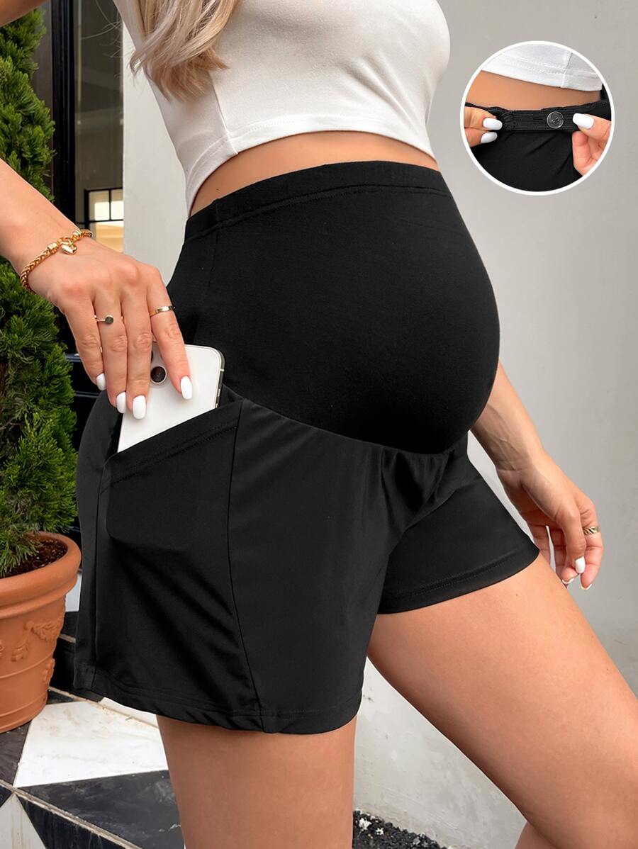 SHEIN Maternity Phone Pocket Adjustable Waist Shorts - Black - View 1