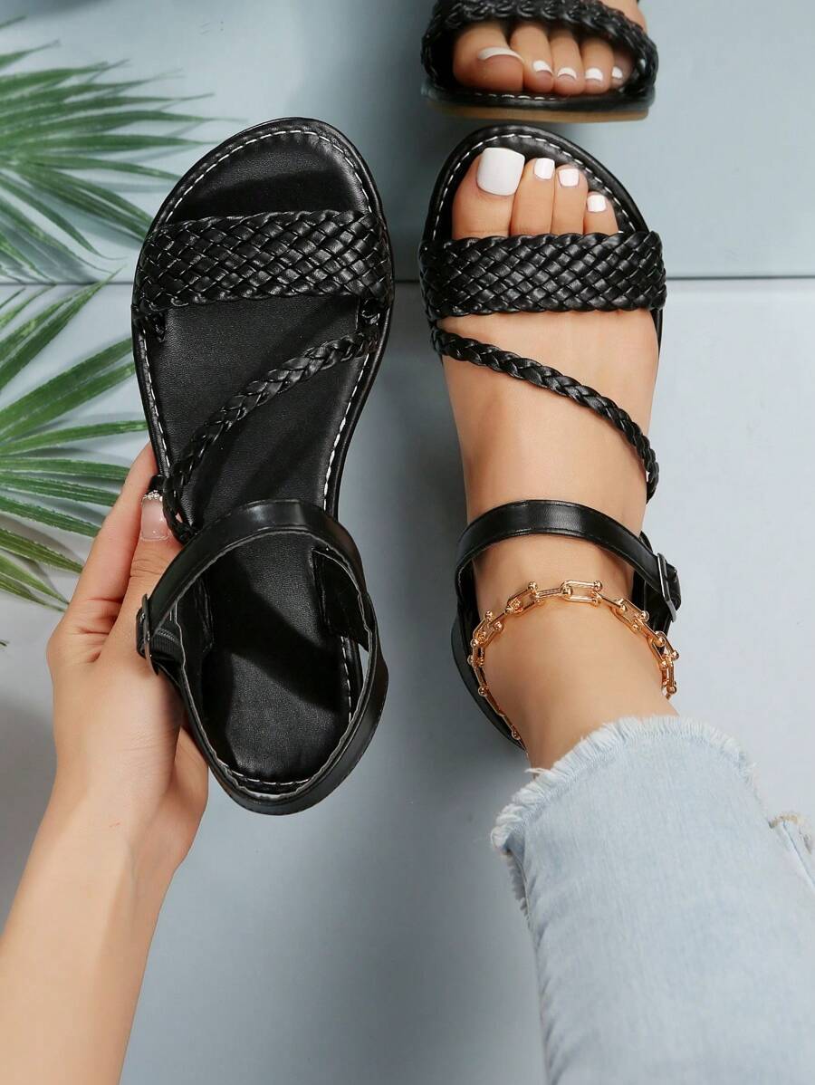Donna Sandali piatti dettaglio intrecciato cinturino alla caviglia vacanza Estate - nero - Visualizzare 1