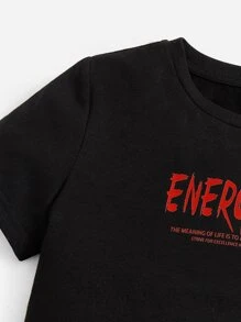 SHEIN 小男童標語圖案T恤和腰部抽繩短褲 - 紅色 - 查看 3