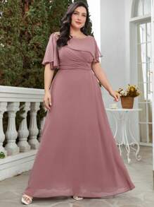 Trang phục phù dâu cho phụ nữ Plus Dây kéo Thêu Xù màu trơn - Bụi hồng - Xem 2