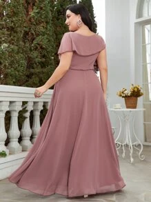 Trang phục phù dâu cho phụ nữ Plus Dây kéo Thêu Xù màu trơn - Bụi hồng - Xem 3