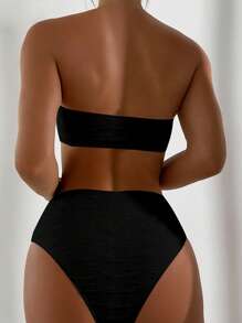 SHEIN Swim Solid Bandeau High Waisted Summer Beach Bikini Set - Black - View 2