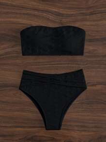 SHEIN Swim Solid Bandeau High Waisted Summer Beach Bikini Set - Black - View 5
