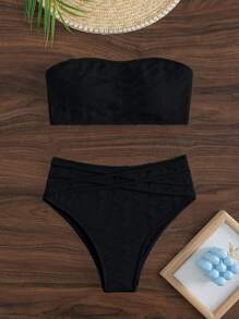 SHEIN Swim Solid Bandeau High Waisted Summer Beach Bikini Set - Black - View 6