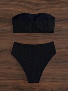 SHEIN Swim Solid Bandeau High Waisted Summer Beach Bikini Set - Black - View 7