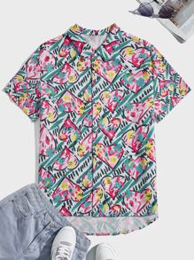 Manfinity Men Pop Allover Floral Print High Low Hem Shirt - Multicolor - View 1