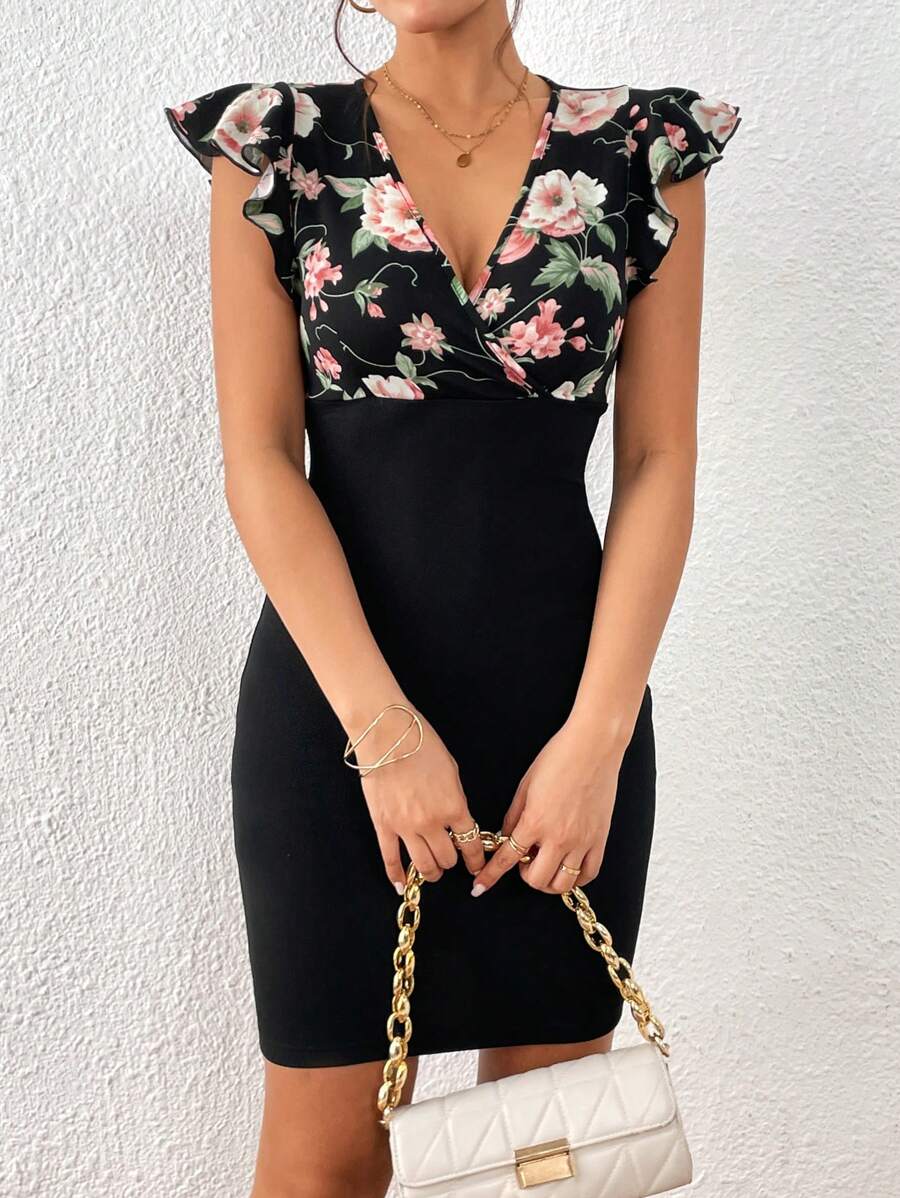 SHEIN Clasi Floral Print Surplice Neck Ruffle Trim Bodycon Dress