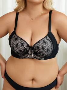 Plus Floral Lace Underwire Bra - Black and White - View 4