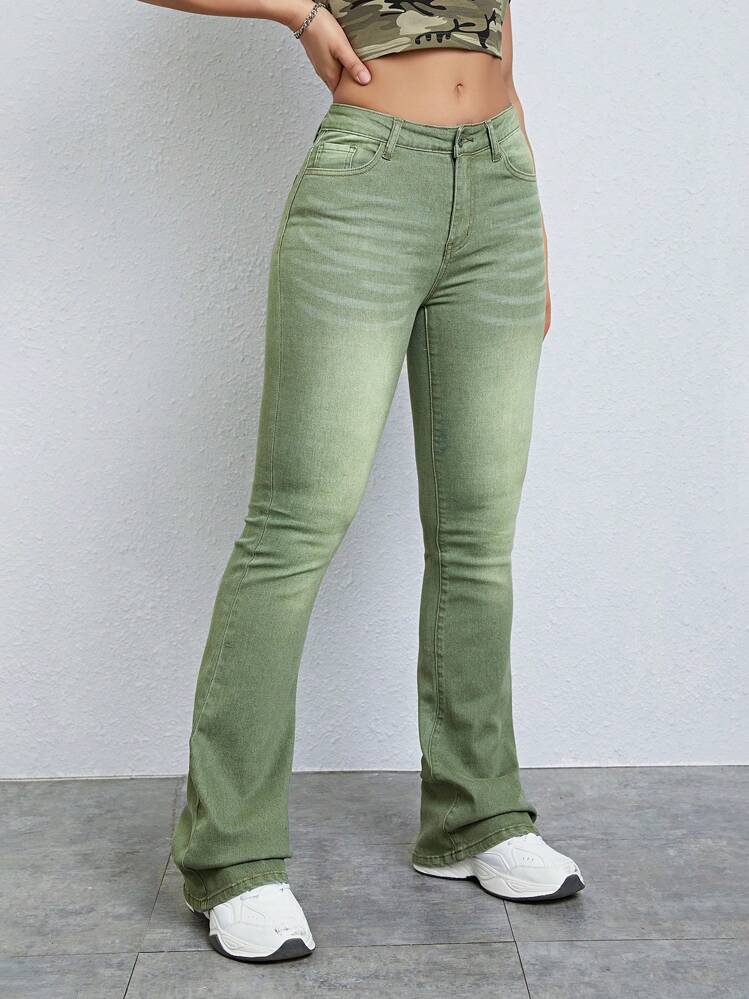 SHEIN Frenchy Cat Whisker Flare Leg Jeans Green Casual Christmas - Mint Green - View 5