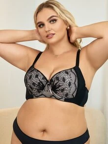 Plus Floral Lace Underwire Bra - Black and White - View 6
