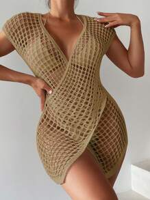 Hollow Out Wrap Cross Cover Up Dress Without Bikini Set - Khaki - View 1