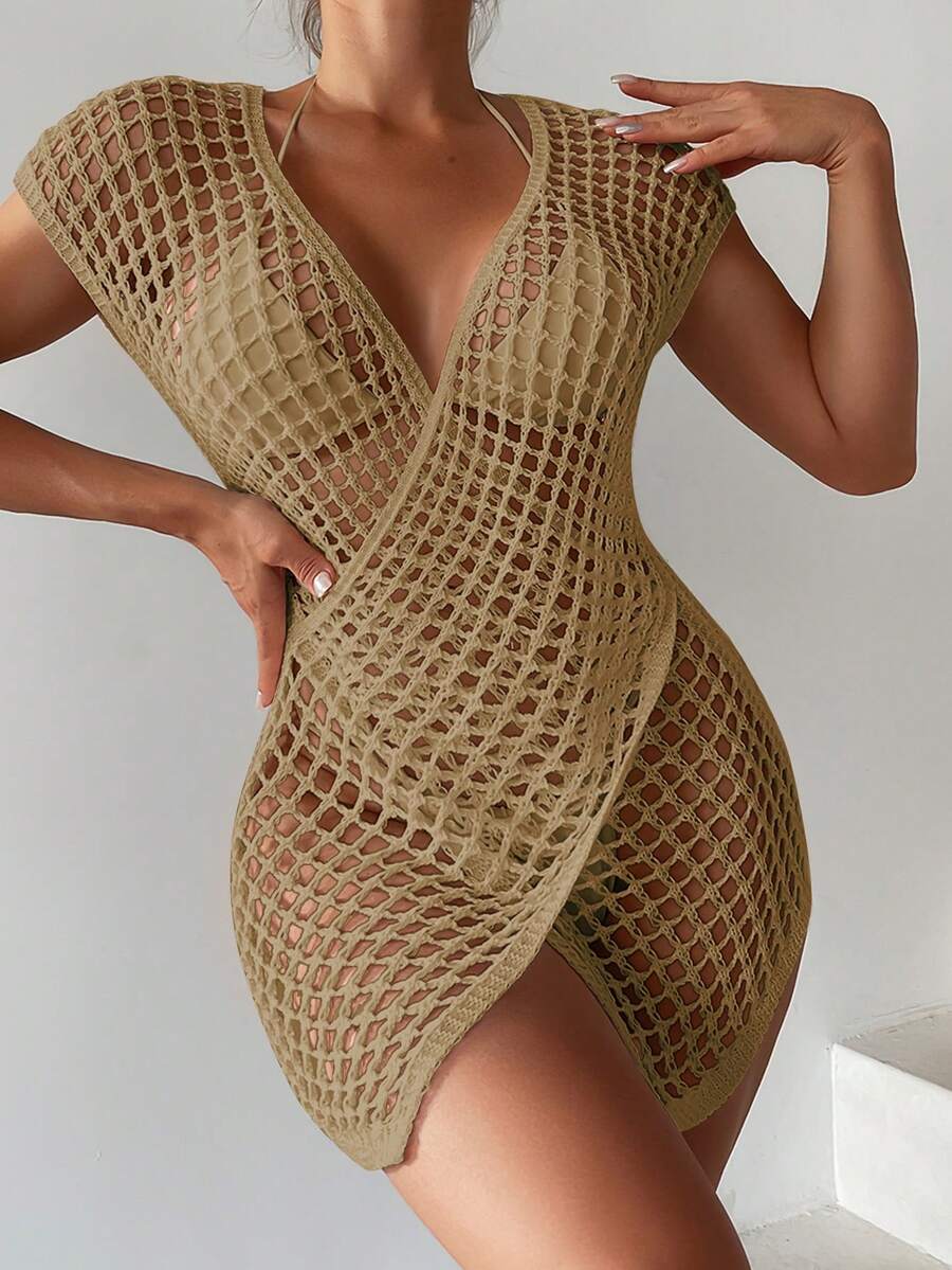 Hollow Out Wrap Cross Cover Up Dress Without Bikini Set - Khaki - View 1
