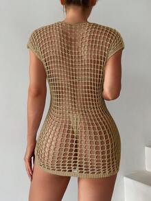 Hollow Out Wrap Cross Cover Up Dress Without Bikini Set - Khaki - View 2