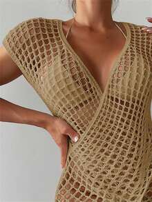 Hollow Out Wrap Cross Cover Up Dress Without Bikini Set - Khaki - View 3