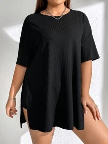 SHEIN Essnce Bộ thời trang Plus Size Chia Gân đan màu trơn Giải trí - màu đen - Xem 3