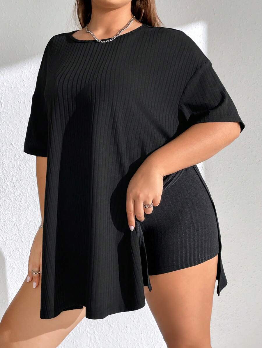 SHEIN Essnce Bộ thời trang Plus Size Chia Gân đan màu trơn Giải trí - màu đen - Xem 1