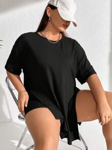 SHEIN Essnce Bộ thời trang Plus Size Chia Gân đan màu trơn Giải trí - màu đen - Xem 4