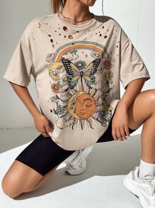 SHEIN EZwear 太陽和蝴蝶圖案落肩T恤 - 卡其色 - 查看 1