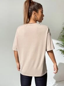 SHEIN EZwear 太陽和蝴蝶圖案落肩T恤 - 卡其色 - 查看 2