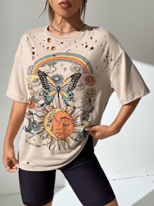 SHEIN EZwear 太陽和蝴蝶圖案落肩T恤 - 卡其色 - 查看 3