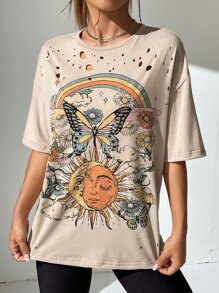 SHEIN EZwear 太陽和蝴蝶圖案落肩T恤 - 卡其色 - 查看 5