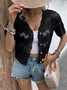 Knit Mix Pointelle Knit Button Front Cardigan - Black - View 5