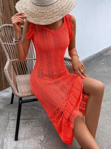 Hollow Out Ruffle Trim Cover Up Dress - Orange - View 1