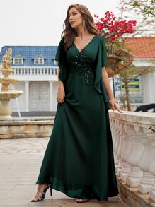 Pearl Embellished Butterfly Sleeve Chiffon Bridesmaid Dress, Elegant Dress, Bridal Gown, Birthday Dress For Ladies, Graduation Dress, Formal Dress - Dark Green - View 4