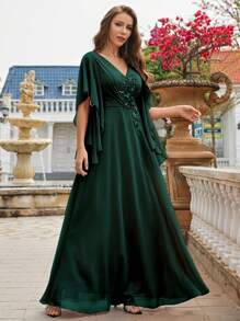 Pearl Embellished Butterfly Sleeve Chiffon Bridesmaid Dress, Elegant Dress, Bridal Gown, Birthday Dress For Ladies, Graduation Dress, Formal Dress - Dark Green - View 5